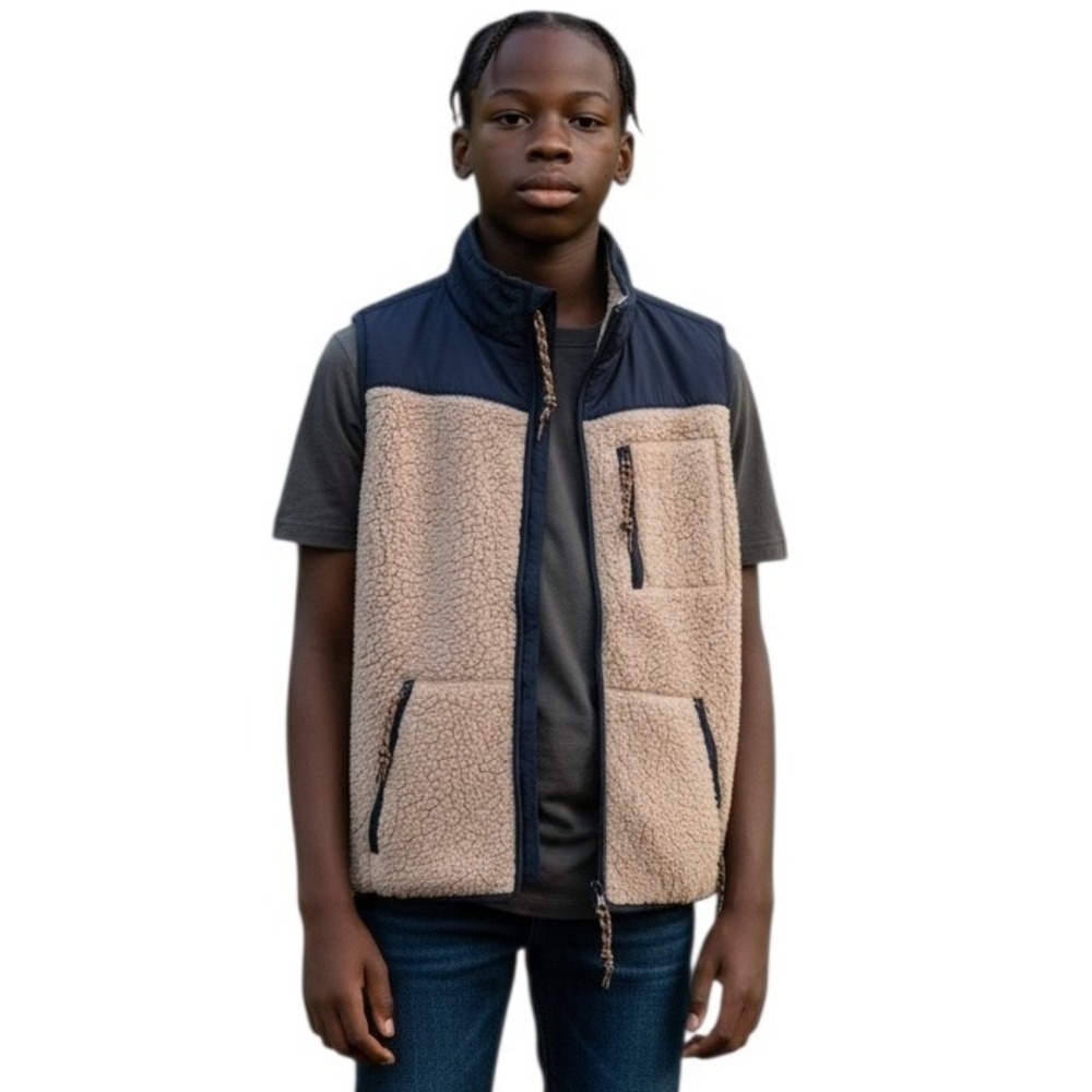 Prince & Fox Fleece Vest Navy Blue Tan Sherpa Puffer Collar Full Zip Size L